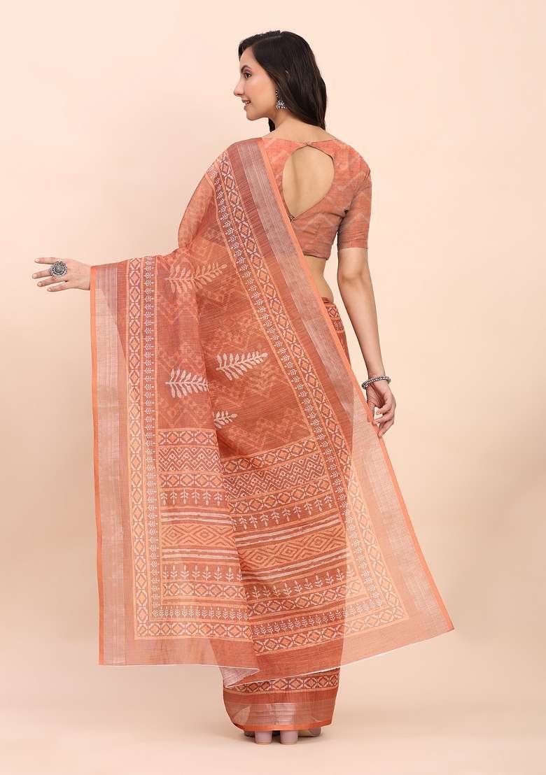 Brown Embroidered Cotton Saree Set - Indya