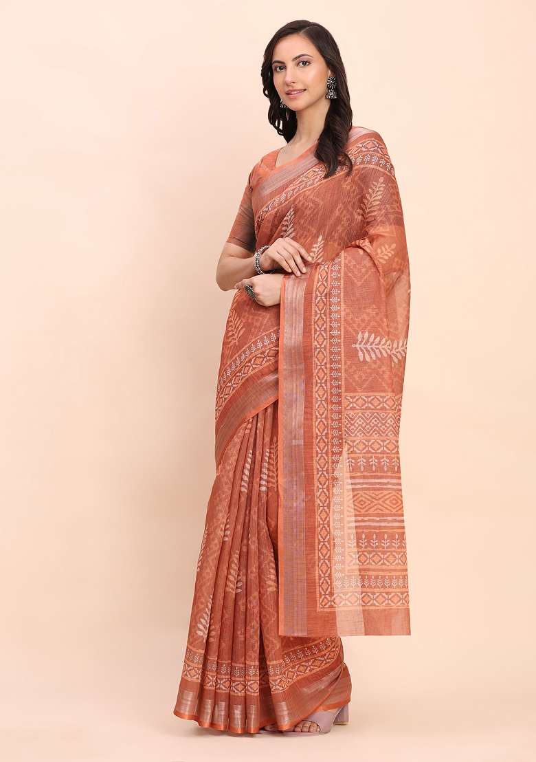 Brown Embroidered Cotton Saree Set - Indya