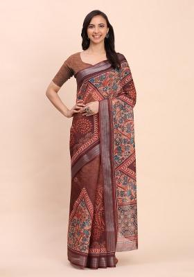 Brown Embroidered Cotton Saree Set