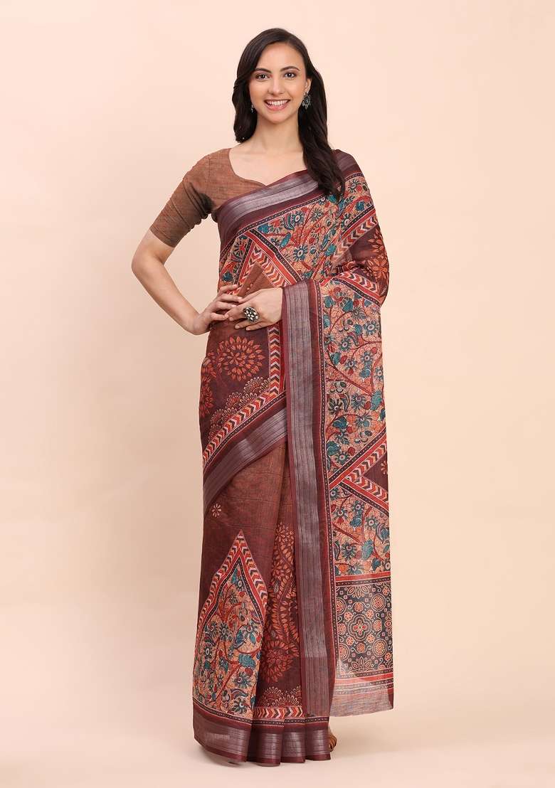 Brown Embroidered Cotton Saree Set - Indya
