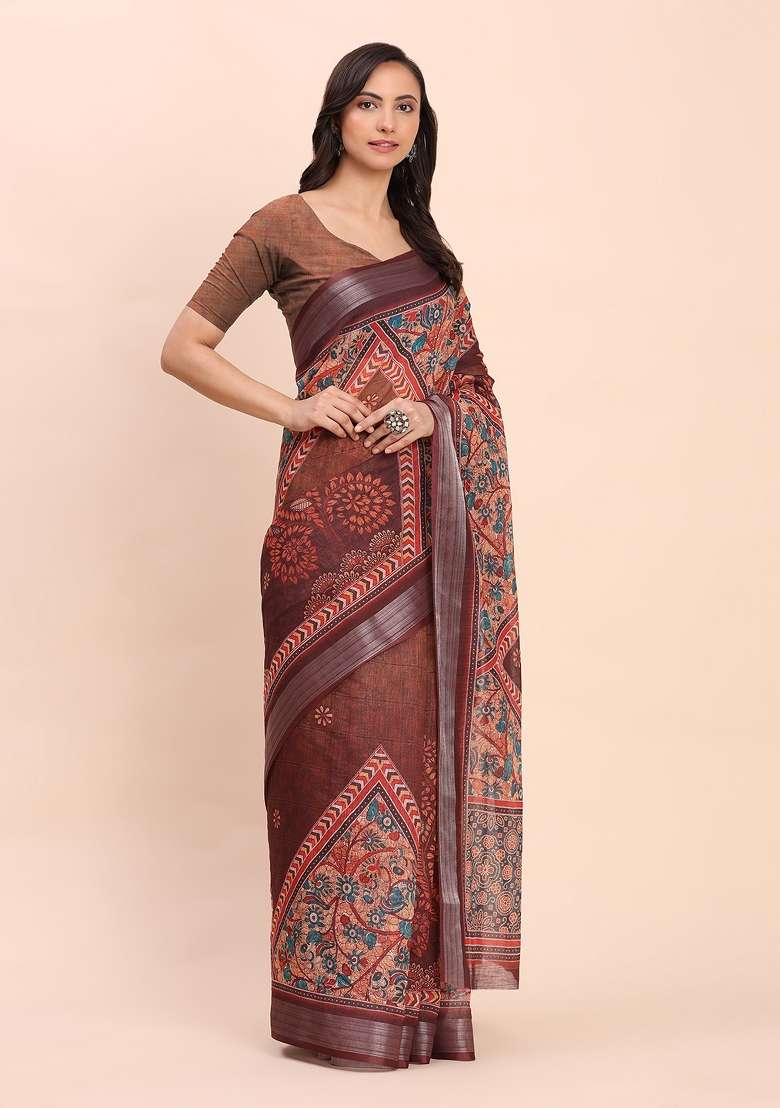 Brown Embroidered Cotton Saree Set - Indya