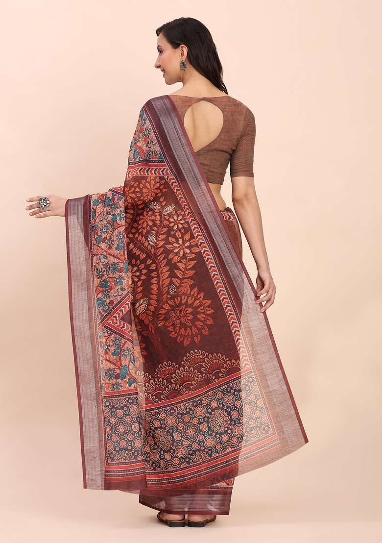Brown Embroidered Cotton Saree Set - Indya