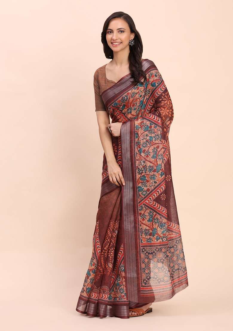 Brown Embroidered Cotton Saree Set - Indya