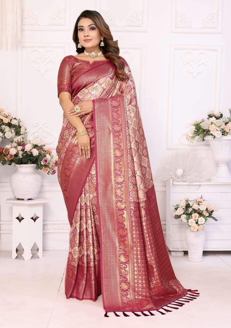 Maroon Embroidered Silk Saree Set - Indya