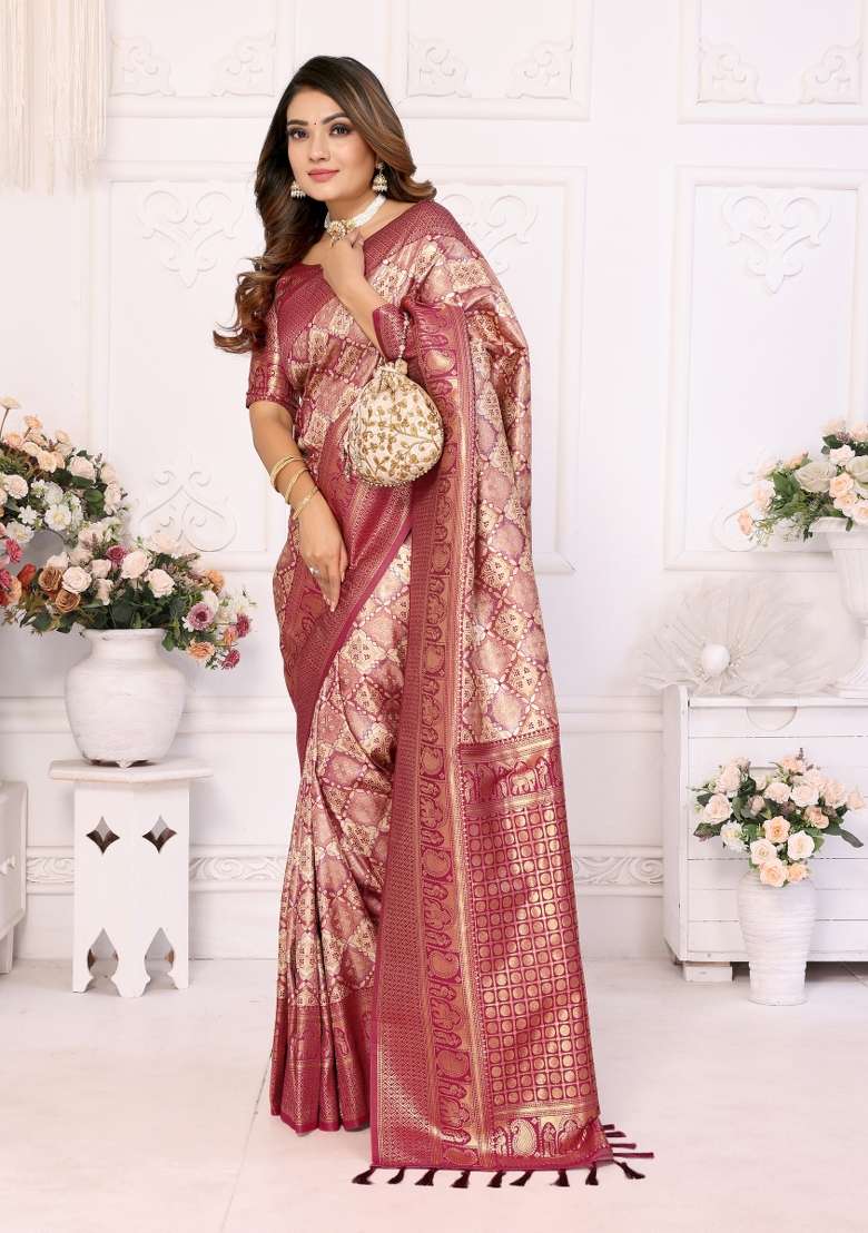 Maroon Embroidered Silk Saree Set - Indya