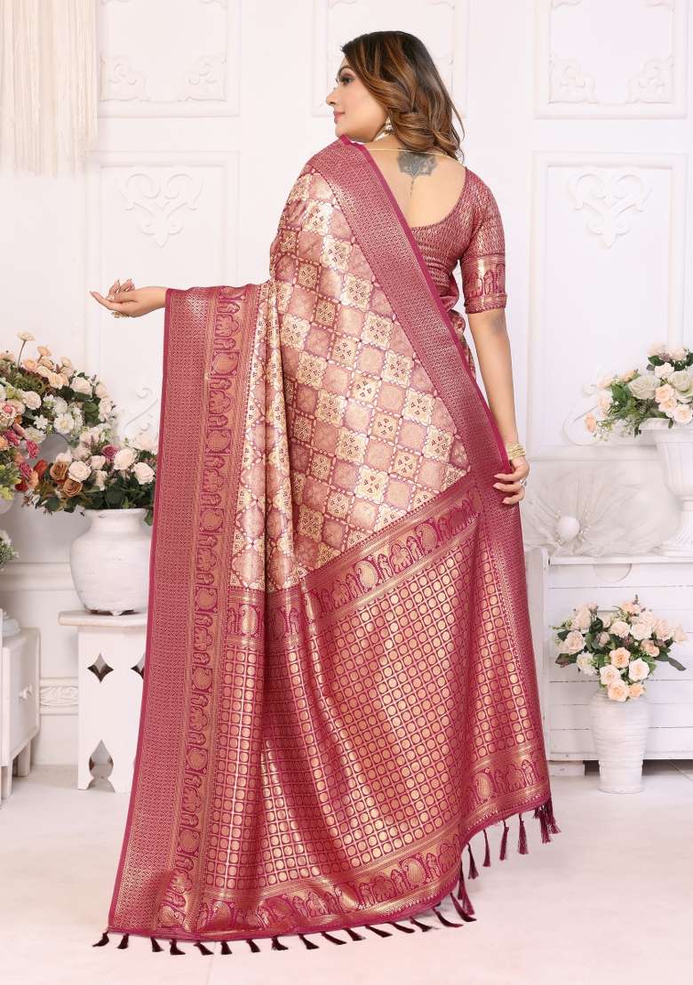 Maroon Embroidered Silk Saree Set - Indya