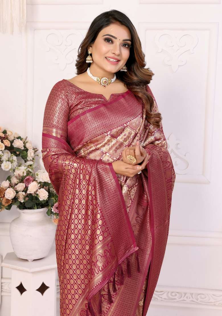 Maroon Embroidered Silk Saree Set - Indya