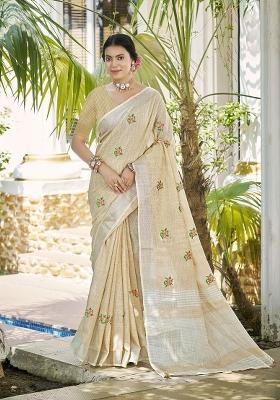 Beige Embroidered Linen Saree Set