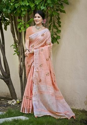 Peach Embroidered Linen Saree Set