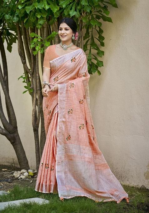 Peach Embroidered Linen Saree Set