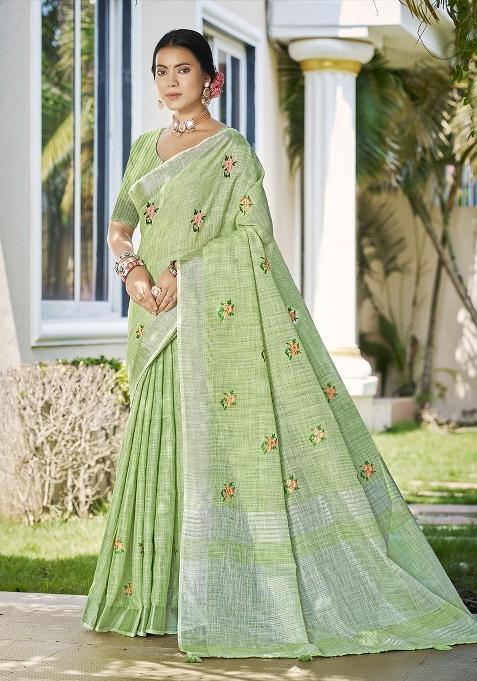Green Embroidered Linen Saree Set