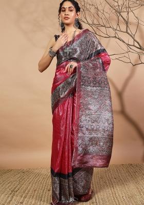 Pink Embroidered Tissue Saree Set