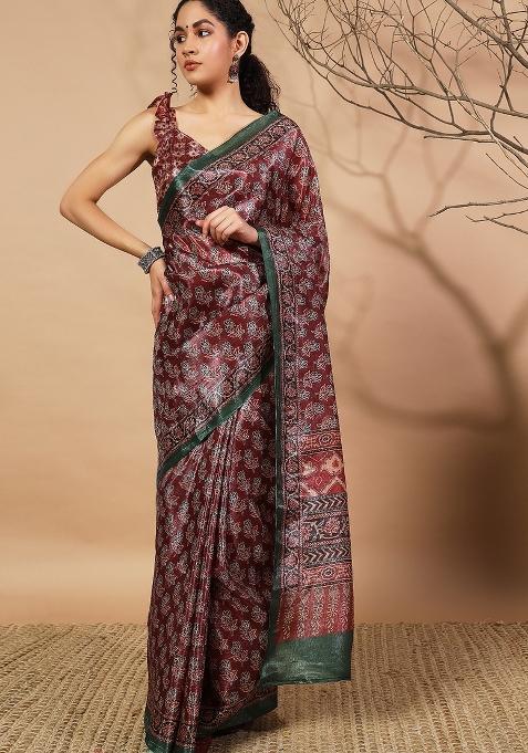 Maroon Embroidered Tissue Saree Set