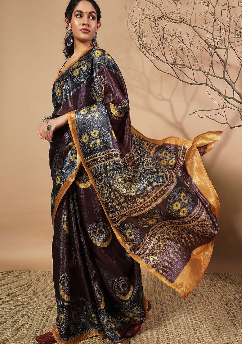 Purple Embroidered Tissue Saree Set - Indya