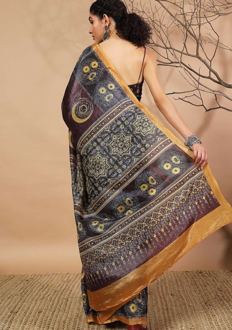 Purple Embroidered Tissue Saree Set - Indya
