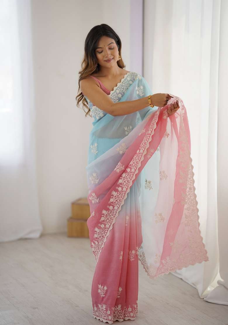Brown Embroidered Silk Saree Set - Indya