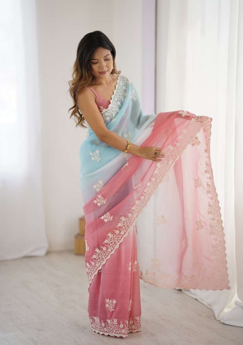 Brown Embroidered Silk Saree Set - Indya