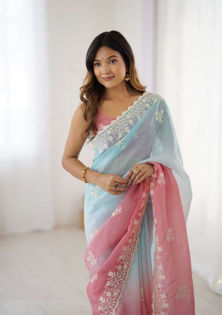 Brown Embroidered Silk Saree Set - Indya