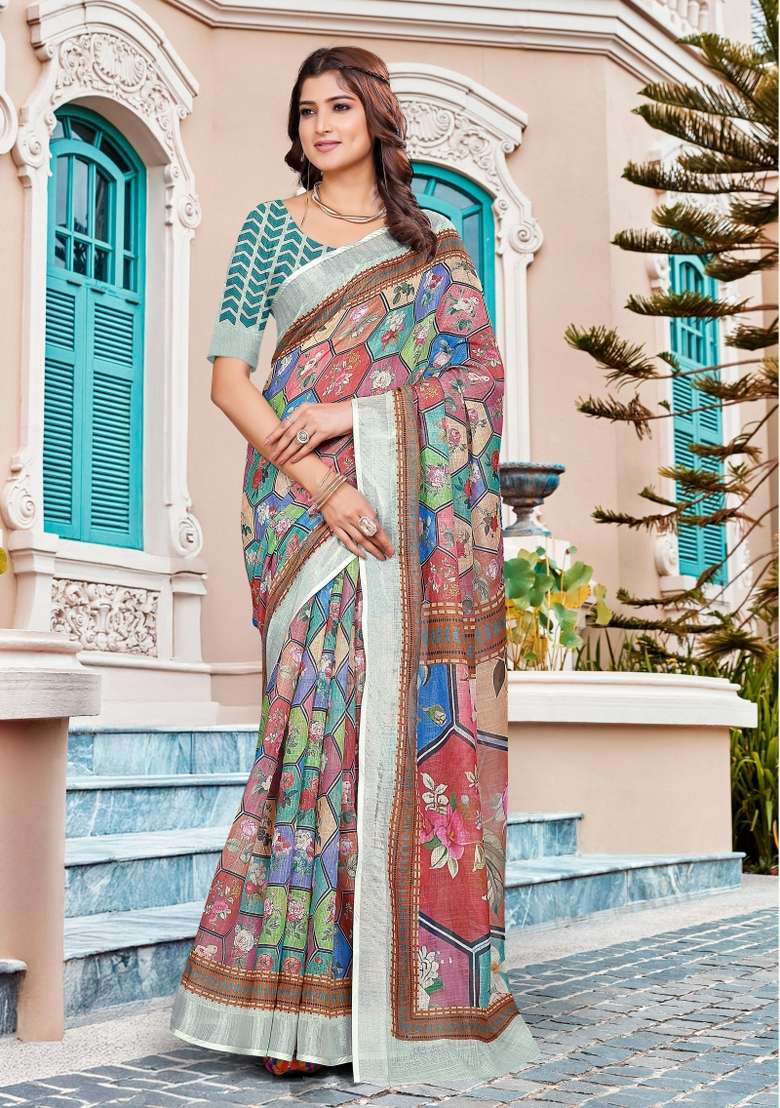 Multi Embroidered Cotton Saree Set - Indya