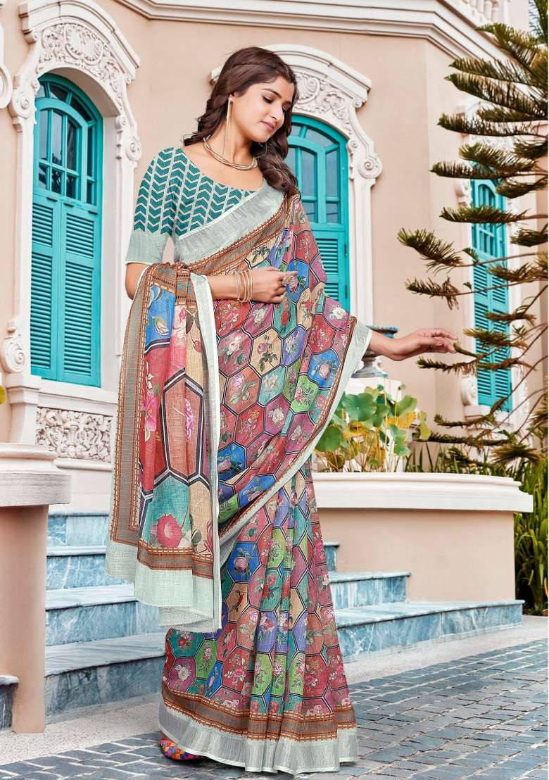 Multi Embroidered Cotton Saree Set - Indya