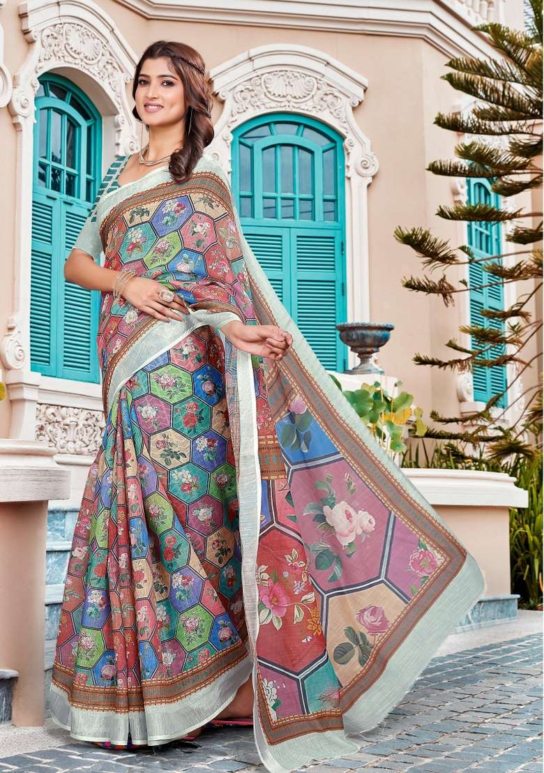 Multi Embroidered Cotton Saree Set - Indya
