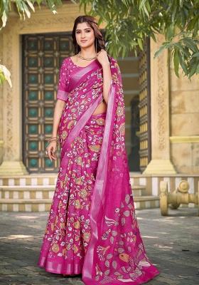 Pink Embroidered Cotton Saree Set
