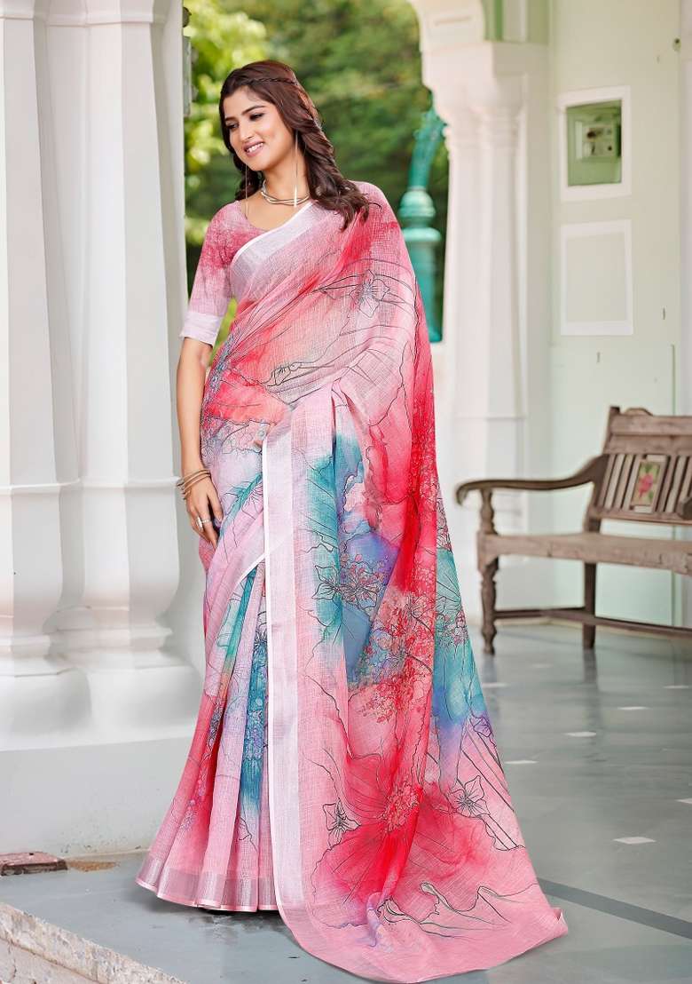 Multi Embroidered Cotton Saree Set - Indya