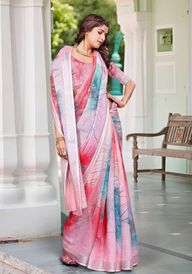 Multi Embroidered Cotton Saree Set - Indya