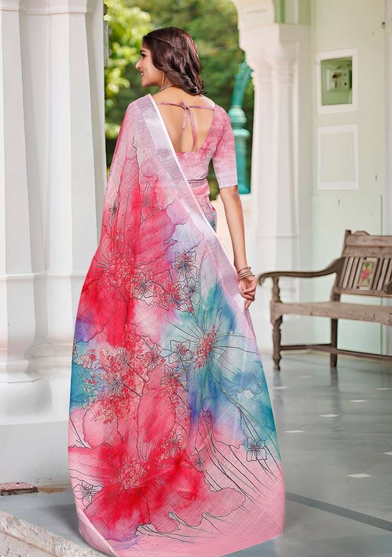 Multi Embroidered Cotton Saree Set - Indya