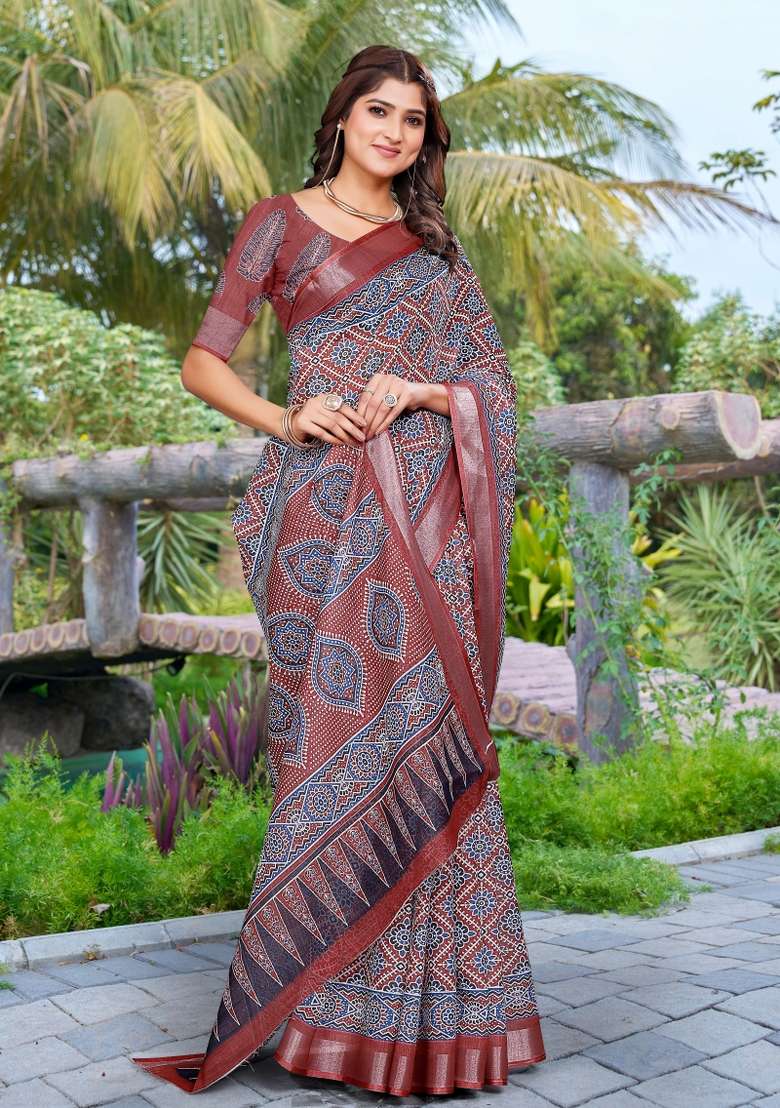 Brown Embroidered Cotton Saree Set - Indya