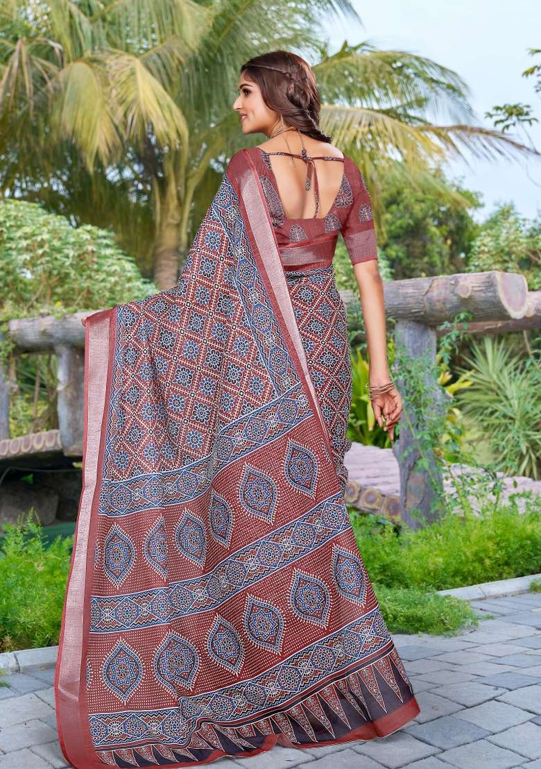 Brown Embroidered Cotton Saree Set - Indya