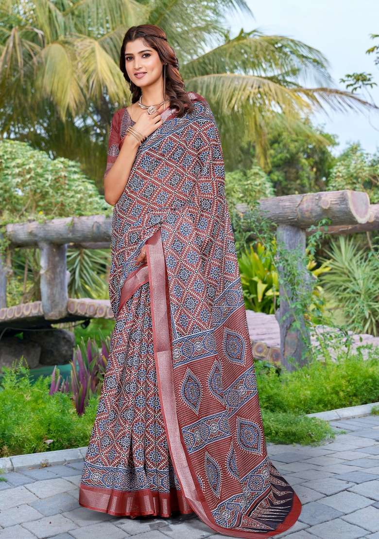 Brown Embroidered Cotton Saree Set - Indya