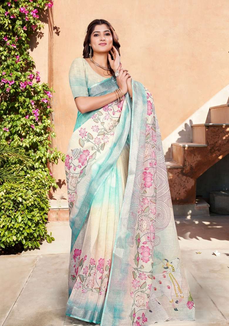 Beige Embroidered Cotton Saree Set - Indya