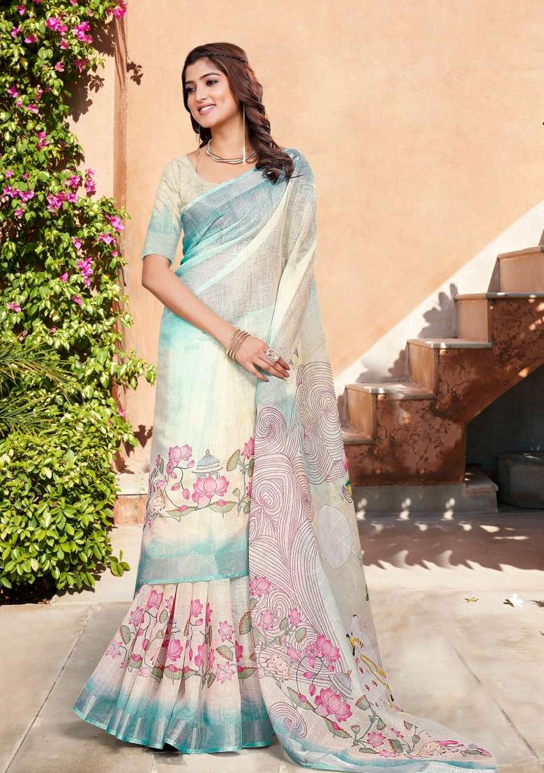 Beige Embroidered Cotton Saree Set - Indya