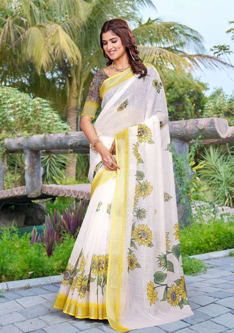 Yellow Embroidered Cotton Saree Set - Indya