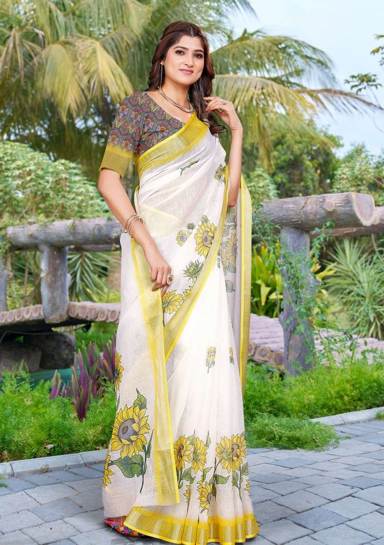 Yellow Embroidered Cotton Saree Set - Indya