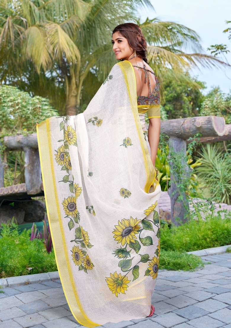 Yellow Embroidered Cotton Saree Set - Indya