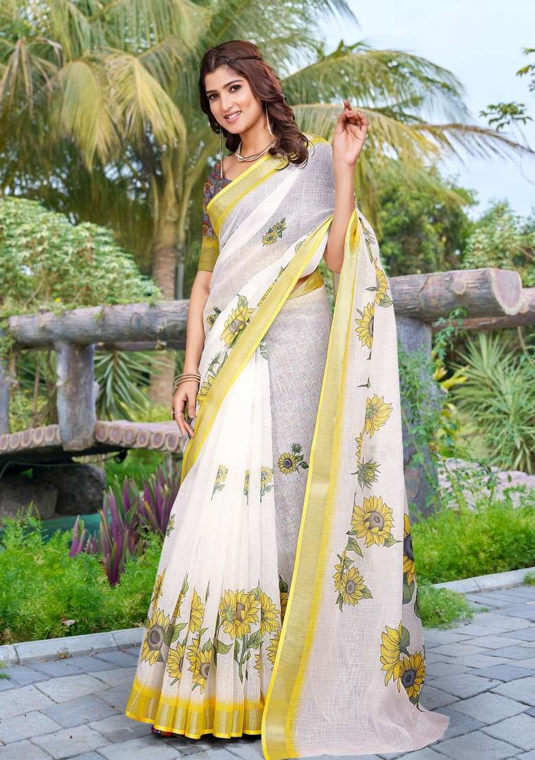 Yellow Embroidered Cotton Saree Set - Indya