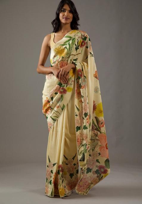 Yellow Embroidered Blended Saree Set