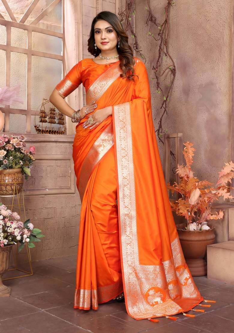 Orange Embroidered Silk Saree Set - Indya