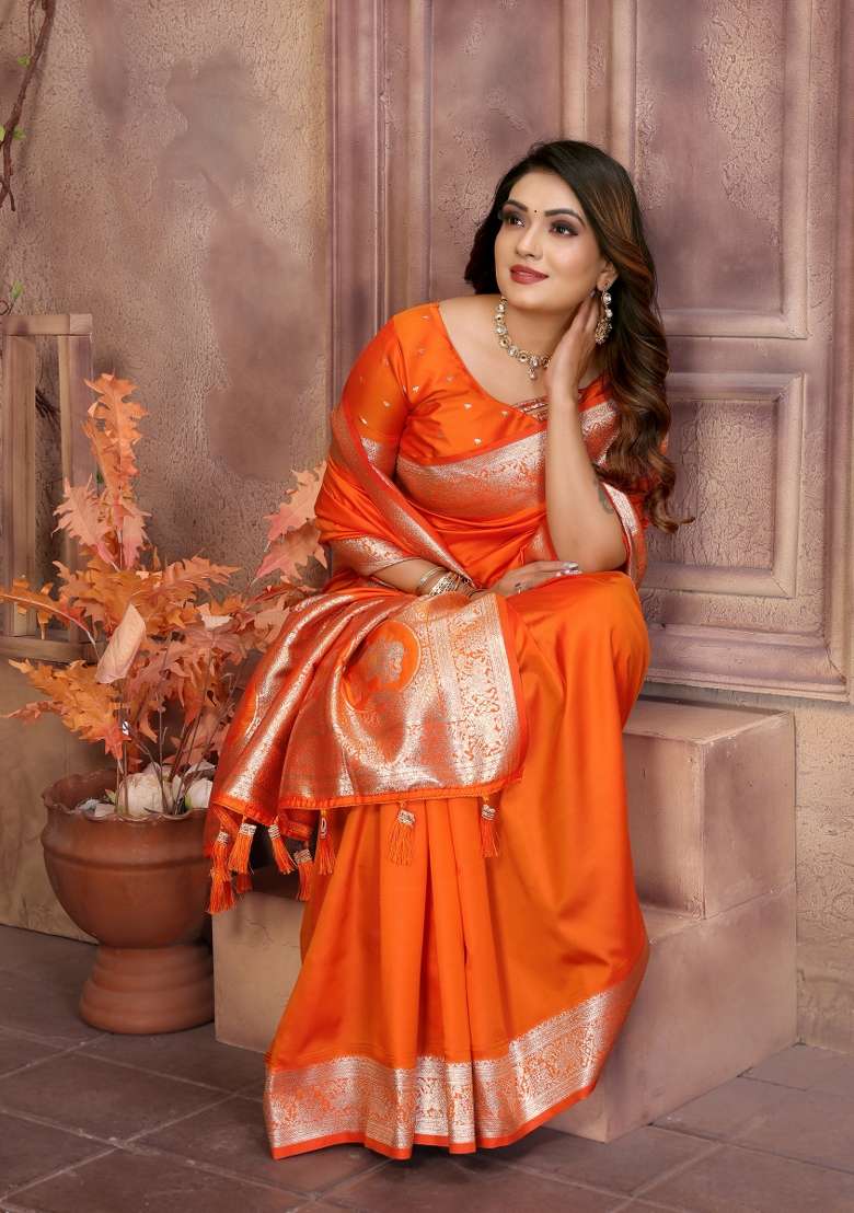 Orange Embroidered Silk Saree Set - Indya