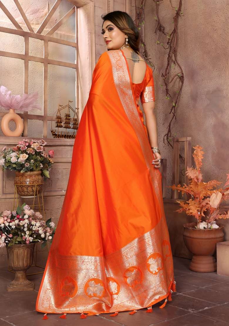 Orange Embroidered Silk Saree Set - Indya