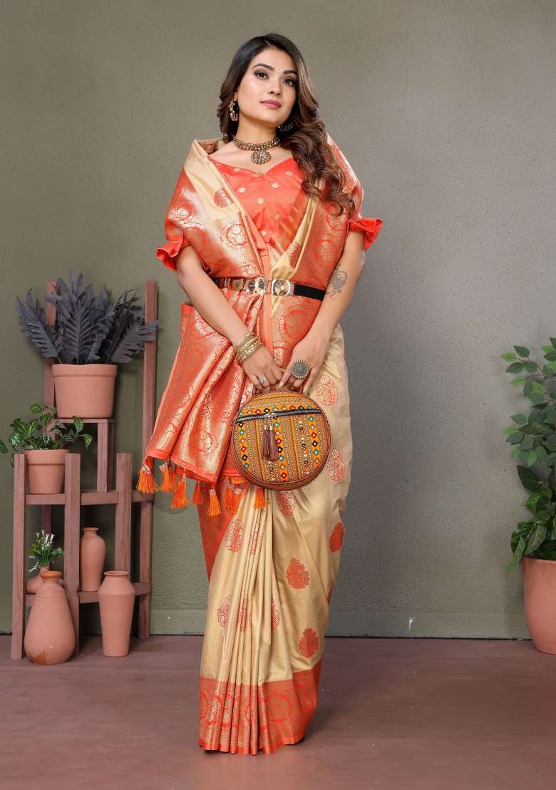 Orange Embroidered Silk Saree Set - Indya