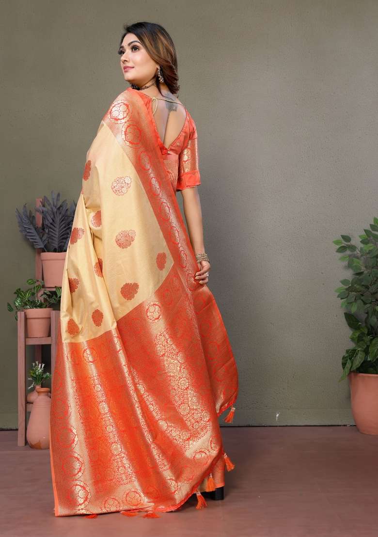 Orange Embroidered Silk Saree Set - Indya