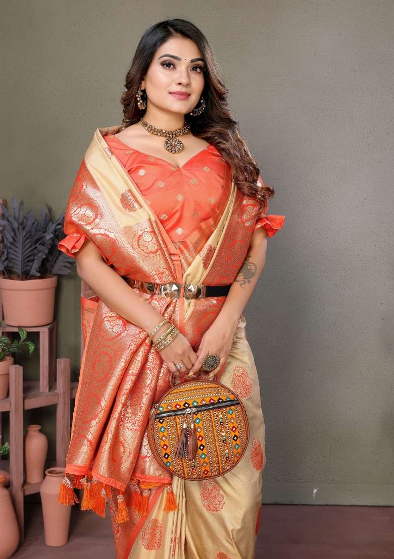 Orange Embroidered Silk Saree Set - Indya