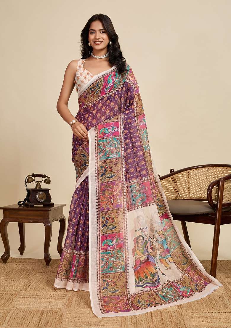 Purple Embroidered Linen Saree Set - Indya