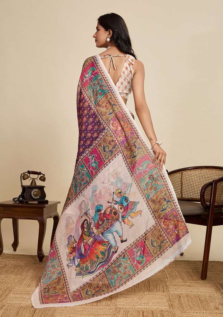 Purple Embroidered Linen Saree Set - Indya