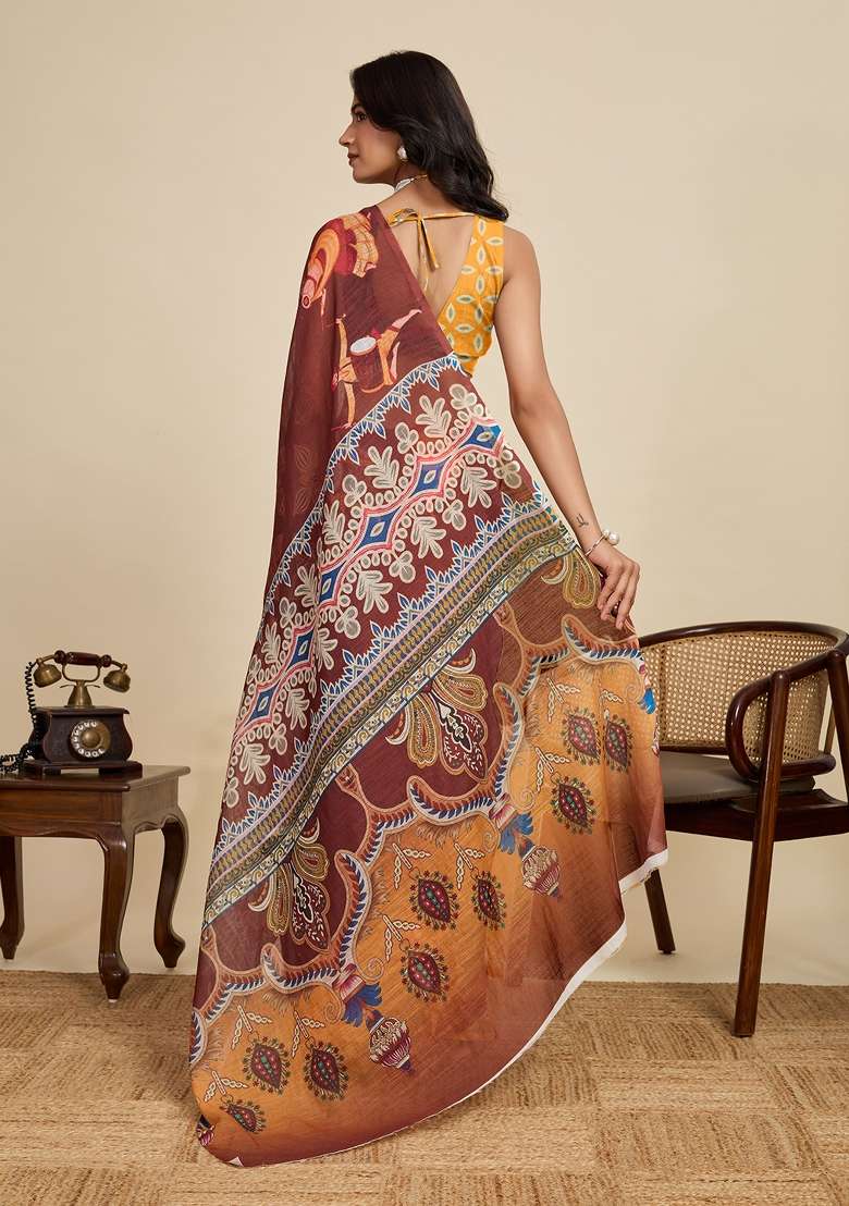 Brown Embroidered Linen Saree Set - Indya