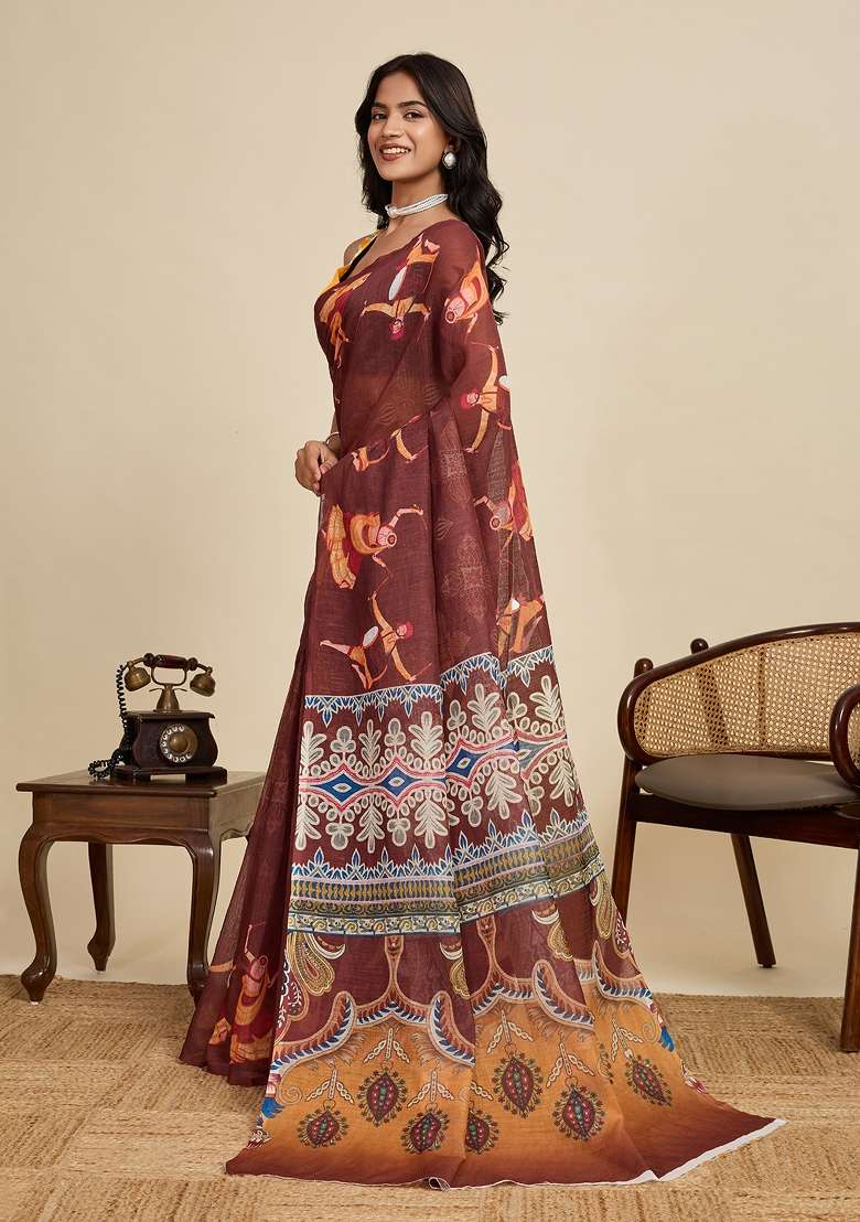 Brown Embroidered Linen Saree Set - Indya