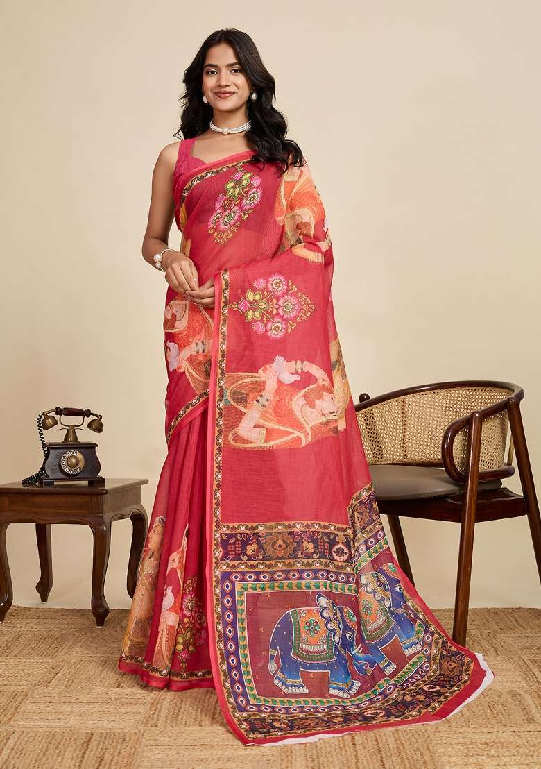 Maroon Embroidered Linen Saree Set - Indya
